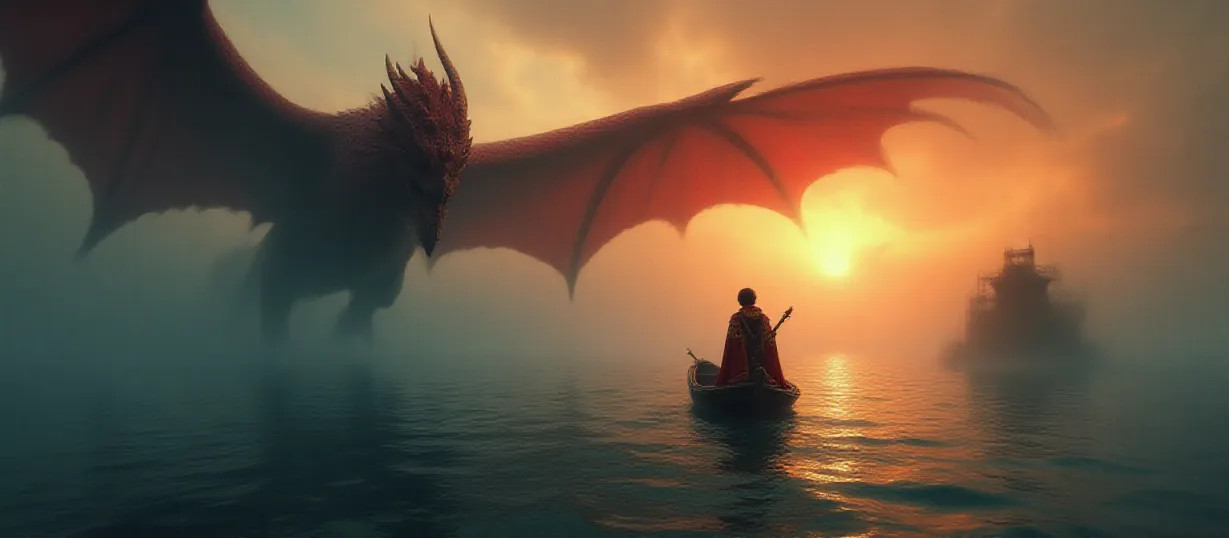 Image A dramatic cover image for a fantasy novel, set in a medieval world. The focal point is Drakari, a minstrel with black hair and clad in vibrant, ornate medieval clothing, standing on a small rowboat amidst a vast, misty ocean. He's singing, his lute resting beside him, capturing a moment of melancholy and determination. In the background, a colossal red dragon, Sryxdal, soars majestically, its wings casting long shadows over the water. The setting sun paints the sky with fiery hues, contrasting with the cool tones of the sea, symbolizing the juxtaposition of Drakari's colorful nature against the vast, mysterious world. In the lower right corner, slightly obscured by shadows and mist, a glimpse of Emily Carter, with long blonde hair and a red cotehardie, is visible behind the bars of a dungeon, her face a mix of mystery and despair. The atmosphere is moody and atmospheric, hinting at both adventure and peril. The style is realistic, with high detail to capture the textures of the clothing, the dragon's scales, and the rough sea, evoking the lh_new_flux_realistic style.