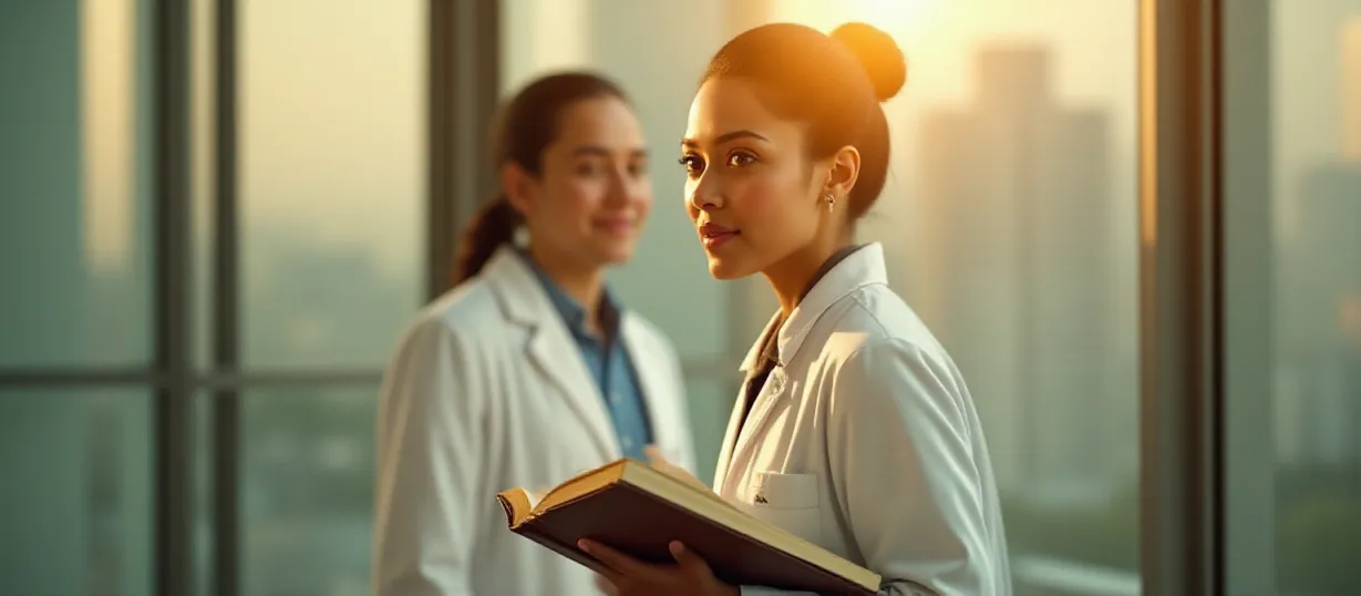 Image Asha Matthews, a determined young woman with kind eyes, stands bathed in the soft glow of early morning light filtering through the large windows of a modern city hospital. She is wearing a crisp white coat and holding a worn medical textbook, its pages slightly open. In the background, a subtle cityscape can be seen, blurred but hinting at the vastness of the city Asha has conquered. Her facial expression shows a mix of quiet confidence and deep contemplation. A faint memory of her small village home is visible in the reflection of the window. A mentor, Dr. Jenson, with a warm smile, is seen beside her with his hand on Asha's shoulder, conveying pride. The overall atmosphere should be one of hope, resilience, and quiet accomplishment. The art style is photorealistic, inspired by the New Flux realism. The color palette is warm and inviting, using golden light to highlight Asha and the key elements. The focus is sharply on Asha, drawing the viewer into her perspective and emphasizing her journey and ambition.