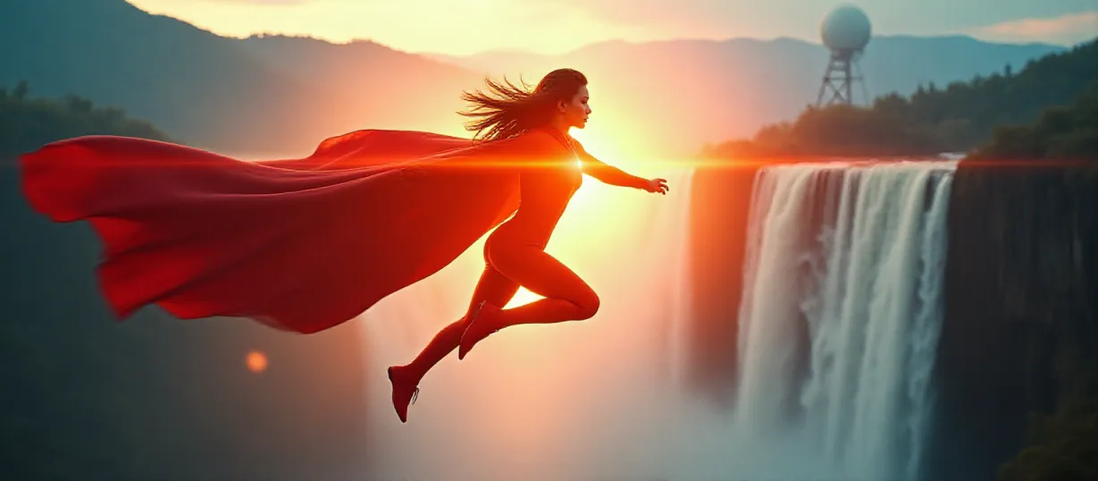 Image Create a dynamic, action-packed cover image. The focal point is the Solar Flare Star, Luo Tian, in her vibrant red and blue kryptonite-inspired suit, mid-flight, silhouetted against the radiant glow of a solar flare emanating from her chest. Her long hair whips behind her, catching the light, and her red, flowing, high-contrast leather cape billows dramatically, emphasizing the motion and power. She is positioned in front of the Detian Waterfall, captured in a breathtaking, full panoramic aerial shot. The water cascading down is highlighted in a way that evokes a sense of awe. The background features a blend of modern technology with nature’s stunning beauty. In the distance, hints of futuristic technology such as a large, satellite dish subtly integrated into the landscape. The overall color palette is high-contrast, dominated by the striking reds and blues of the Solar Flare Star's suit against the warm yellows and oranges of the solar flare and the cool blues of the waterfall and sky, creating an environment of immense power and speed. The image should convey a feeling of heroic resolve and a hint of the science fiction narrative through the combination of superhero imagery and environmental backdrop.