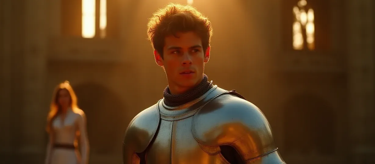 Image Create a cover image for a medieval fantasy romance novel titled "The Lost Princess and the Warrior." The scene depicts a young, handsome knight, David, mid-action, possibly in a training exercise. He is dressed in polished silver armor, reflecting the late afternoon sun. He has a determined, focused expression. In the background, partially obscured by soft focus, stands Princess Amanda. She is seen on a balcony or high window, her golden hair catching the last rays of the sun. Her expression is one of longing and hope. The scene is set in the courtyard of a grand medieval castle, the architecture detailed and evocative of a French or European medieval design. The atmosphere is golden and warm, with a sense of both strength and romance. The lighting should cast long shadows, emphasizing the contrast between the knight's strength and the princess's vulnerability. The overall mood is one of yearning, duty, and the promise of a love amidst the backdrop of potential conflict. Use a style of 'lh_new_flux_realistic'.