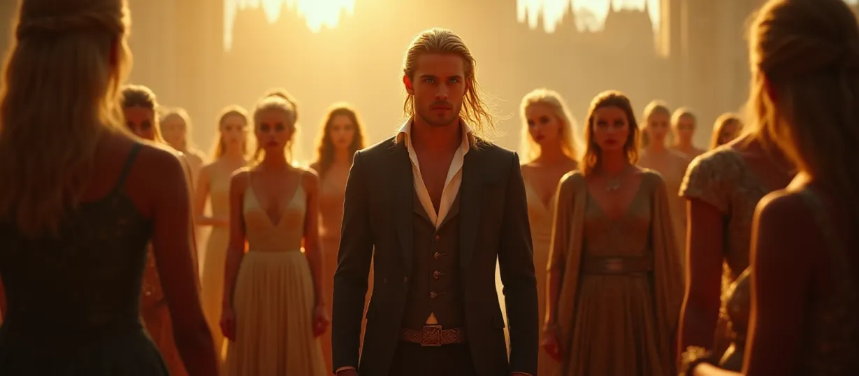 Image A stunning cover image featuring Ethan, a striking white man with piercing blue eyes and flowing blonde hair, standing tall amidst the opulent backdrop of King's Landing. He is clad in fine, yet subtly powerful clothing, hinting at his strength and authority. Around him, several women of Westeros, including Cersei Lannister, Daenerys Targaryen, Aloise Hightower and others, gaze at him with a mix of awe, desire, and reverence. Cersei is positioned close to him, trying to seduce him, while Daenerys observes from a distance. The women's garments are of luxurious textures, representing their status and desperation, in a way to portray their desire for Ethan. The scene is illuminated by warm sunlight, casting a golden glow over the scene. The art style is realistic and highly detailed with the focus on realism, the use of shadows and light to enhance the emotions, with the goal of making the viewer feel the story's core themes of power, seduction, and the subjugation of women, capturing the dark romantic fantasy genre's essence. The background details are precise: a view of the capital in the far distance, and the castle with its towers, to create an evocative and immersive scene. The women around are focused on Ethan, with different facial expressions and body languages depicting their desires for Ethan, adding additional layers of depth to the cover design. The art style should be realistic, and focus on the character's details.