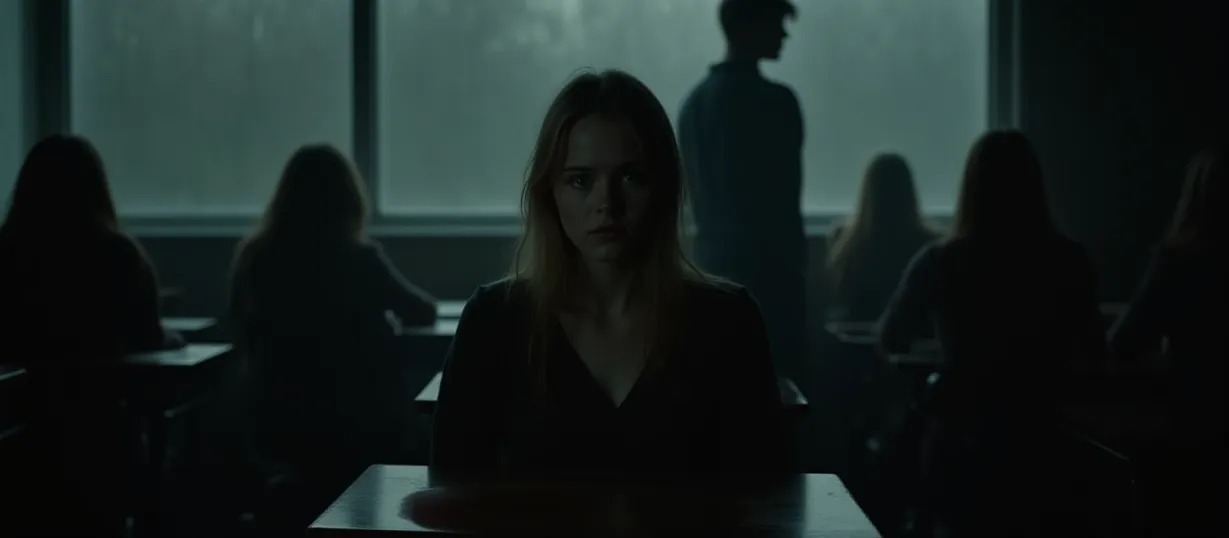 Image A cover image for a dark paranormal romance novel. The scene takes place in a dimly lit high school classroom. Rain streaks the window behind the teacher, casting a grey, melancholic light over the scene. In the foreground, Elana, a strawberry-blonde haired girl with delicate features and green eyes, sits alone at her desk, looking withdrawn, surrounded by the faint, blurred figures of her classmates. Her expression is guarded, a mix of vulnerability and defiance. Off to the side, slightly out of focus but with a captivating intensity, are Alice and Jasper, two of the new 'sibling' students. Alice, with her pixie-like appearance and bright smile, leans toward Elana with an almost magnetic pull, while Jasper, tall and brooding with golden eyes, stands behind her with a protective, possessive aura. The contrast between the mundane setting and the supernatural presence of the vampires should be striking. The colors are muted with the exception of golden eyes and a splash of red blood, creating an unsettling atmosphere. The composition focuses on the growing connection between Elana, Jasper, and Alice, capturing the obsessive and protective nature of their relationship with hints of slow-burn submission and control. The overall mood is one of quiet tension, forbidden attraction, and the hidden world of vampires, while showing off their gold eyes. High detail, lh_new_flux_realistic style.