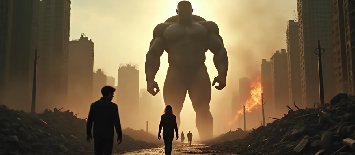 Image A dynamic cover image for a post-apocalyptic action adventure. The scene depicts the aftermath of a city ravaged by a giant. The main focus is on the massive, muscular form of Tiago, a handsome bodybuilder with a fade haircut, looming over the skeletal remains of skyscrapers, his silhouette dominating the frame, rendered in dramatic lighting with a sense of power and destruction. The foreground features Ethan, a young male former magazine editor, looking up in awe and fear from a rubble-strewn street, his face etched with shock and resilience. He is partially obscured by debris. Beside him is Selene, a young woman with a determined gaze, guiding him through the chaos; their figures are small in comparison to Tiago but represent hope and survival against the overwhelming destruction. The style is lh_new_flux_realistic, emphasizing photorealistic detail and a gritty, cinematic feel. The color palette leans towards desaturated tones with pops of fiery orange and red from the distant fires, creating a mood of tension and despair but also a glimmer of hope. Smoke and dust swirl through the air, adding depth and chaos to the composition. Focus on high detail and a sense of epic scale.