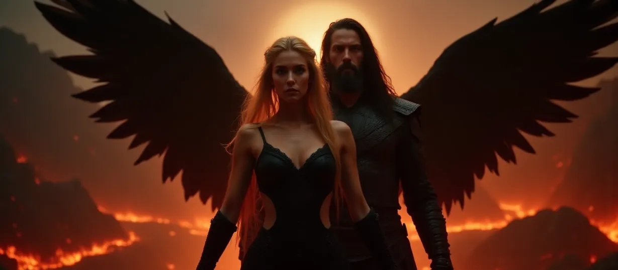 Image A dramatic, dynamic cover image for 'The Fall of Heaven: Xrès'. The scene is set in the fiery depths of Hell, a vast landscape of jagged black mountains and rivers of molten lava. Dominating the foreground is Xrès, a stunning goddess with long, flowing blonde hair and striking black wings that spread wide, partially obscuring the infernal sky. She wears elegant, yet revealing, black armor that accentuates her form, and her eyes glow with an unholy light, radiating a sense of power and malice. Standing beside her is Kael Thorne, a formidable warrior with long black hair and a beard, embodying raw strength and a thirst for vengeance. He is clad in dark, battle-worn armor, and his expression is one of grim determination. Behind them, the red demon Zvarath emerges from the inferno. The composition should be cinematic, with a slight low-angle shot to emphasize Xrès' dominance. In the background, subtle hints of a celestial realm, maybe a glimpse of white light, is contrasting to the hellish environment. The overall mood should be a blend of dark fantasy, with a strong sense of conflict, and sensuality.