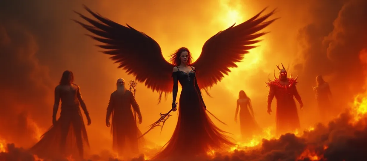 Image A dramatic cover illustration depicting the climactic confrontation between Heaven and Hell. In the foreground, Xrès, the Goddess of Hell, stands defiant amidst a swirling inferno of fire and smoke, her black wings spread wide. She's clad in dark, elegant attire, a sinister smile playing on her lips as she clutches a staff emblazoned with her name. Beside her, Kael Thorne, a formidable warrior with dark hair and a beard, stands ready for battle, his form radiating elemental energy. Behind them, Zvarath, a monstrous red demon with horns, looms menacingly. In stark contrast, the background reveals a celestial landscape of Heaven, golden light piercing through a sky filled with dark, ominous clouds. A glimpse of the God of Gods, with a long white beard and robes, is visible amidst the chaos, his face etched with concern. The overall atmosphere is one of impending doom and epic conflict, with the clash of light and darkness visually representing the war for the fate of both realms. The art style should be lh_new_flux_realistic, emphasizing dynamic movement, and detailed character designs. The image captures the essence of the story: the Fall of Heaven and the rise of Hell.