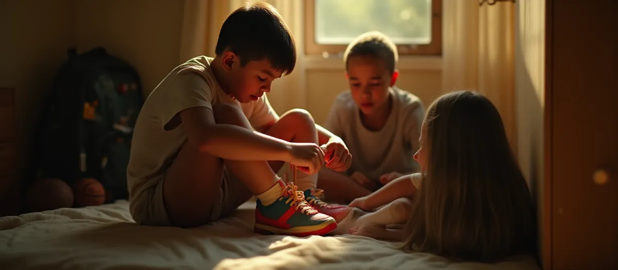 Image A close-up shot capturing a tender moment of sibling support, set in the soft morning light of a cozy, lived-in home. A young boy, Ethan, is seated on the edge of a worn, wooden bed, his face a mixture of frustration and anticipation as he struggles with a pair of vibrant, well-loved basketball sneakers. His hands are clasped around the laces, attempting to loosen them. Beside him, his older sister, Morgan, kneels with a patient and clever expression, her hand gently guiding his, her own sock pulled taut, about to cleverly manipulate the stubborn laces. The room is bathed in a warm, golden hue from the morning sun streaming through a slightly ajar window, illuminating dust motes dancing in the air and casting soft shadows that highlight the texture of the aged wallpaper and the slightly messy room reflecting the reality of everyday family life. A backpack sits half-packed in the background, basketball peeking out of its mesh side pocket, hinting at the boy's upcoming tryouts and his mother's care, while a half-eaten breakfast plate sits on a nearby nightstand. The overall mood is one of quiet determination, sibling bond, the dawn of hope, and the sweetness of familial love. Style: lh_new_flux_realistic, highly detailed, volumetric lighting, focused on the emotive expressions of the characters, and the contrast between the boy's struggle and the sister's solution. 