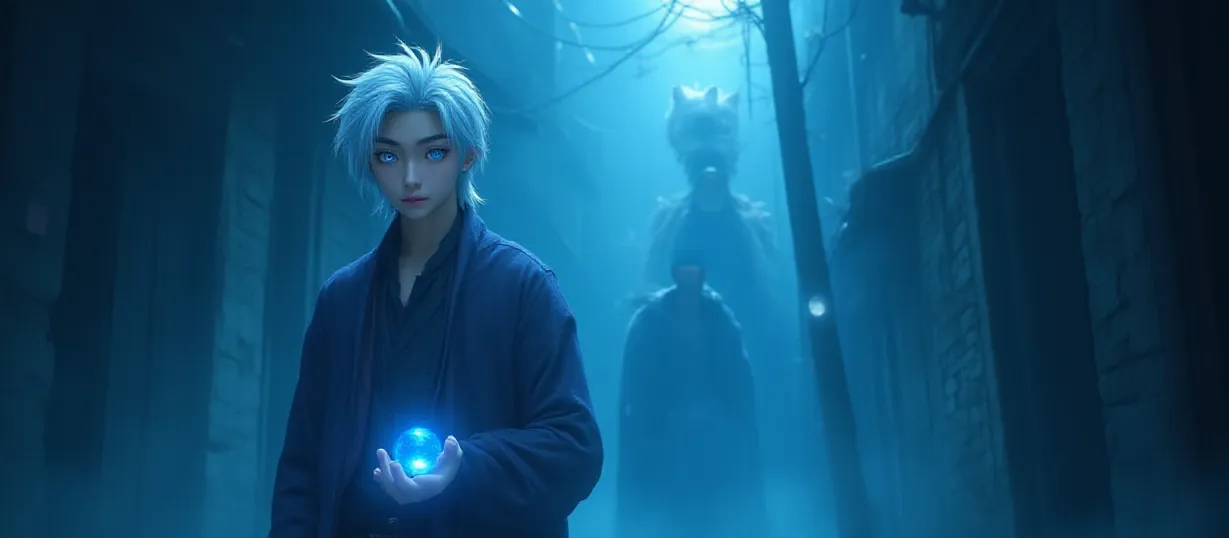 Image Create a cover image featuring Satoru Gojo, a young, Asian sorcerer with striking white hair and vibrant blue eyes. He stands confidently, a determined look on his face, in a dimly lit alleyway bathed in the ethereal glow of a full moon. Gojo's hands are subtly glowing with magical energy, hints of a Tenemential Sphere forming in one palm. Behind him, partially obscured in shadow, stands Jotaro Kuwaba, a menacing vampire with a shadowed face, transitioning from his stony state, one arm morphing from grey stone to a pale, vampiric hand.  In the distance, a swirling vortex of temporal energy, a subtle representation of Kuroba's time manipulation, casts an ominous hue over the scene. Faintly, a mystical cat (Yoshikage in his transformed state) is perched atop a building, its eyes gleaming, observing the scene. The overall atmosphere is a blend of mystery and impending danger, emphasizing the power of the sorcerers and the hidden conflicts. The style should be photorealistic, detailed with a focus on texture and dynamic lighting. The color palette should lean towards cool tones (blues, purples, grays) contrasted by the subtle glows of magical energy and the moon's pale light, using the lh_new_flux_realistic style to enhance the atmosphere.