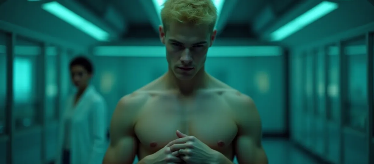 Image A cover image for "The FourArmed Boy". A striking close-up shot of a young, handsome, blonde, shirtless man (Jay), in a futuristic laboratory setting. He casually grasps the wrists of his two lower arms with the hands of his upper arms. His two lower arms hang limply, relaxed, highlighting the unique physiology. The lab environment is sterile, yet subtly lit with neon blue and green hues, reflecting off metallic surfaces and glass containment units in the background, suggesting advanced technology. Zoey, a warm-toned female scientist, stands partially visible in the blurred background, her gaze directed towards Jay with a mix of concern and fascination. The overall atmosphere should be mysterious and introspective, hinting at the internal struggles and discoveries of the protagonist. The image style is lh_new_flux_realistic, emphasizing detail and depth. Focus on capturing a blend of the scientific environment and the character's unique physique in a way that is both visually compelling and emotionally resonant.